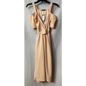 NWT Boohoo Womens Short Sleeve Plunge Ruffle Midi Belted Dress Size 10 Petite